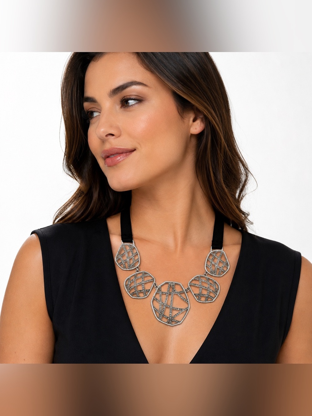 Simply Vera Silver Tone Geometric Statement Necklace Black Ribbon Collar